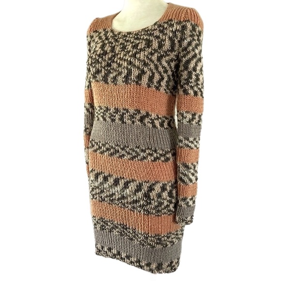 HANDMADE home knitted long sleeve ribbed Dress body-con Tan beige - Picture 2 of 10